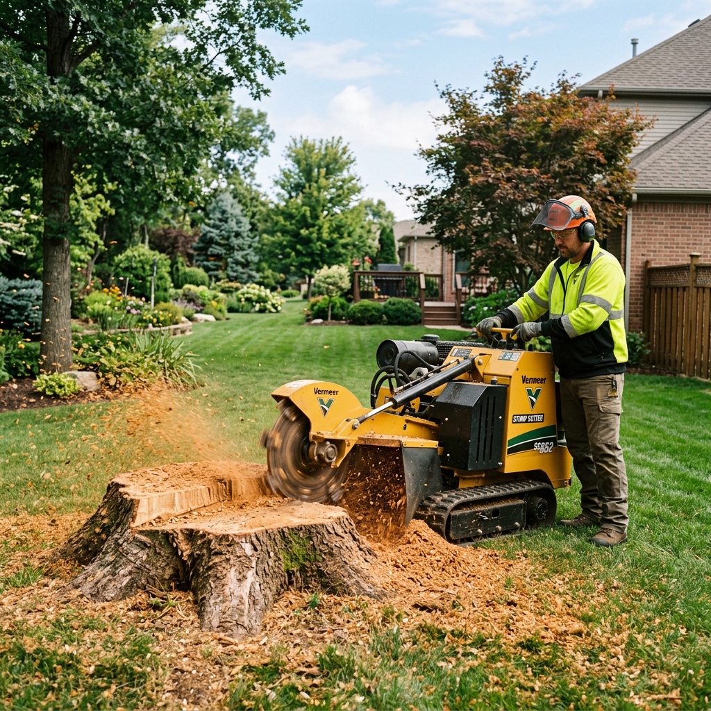 Professional stump grinding in progress on residential lawn